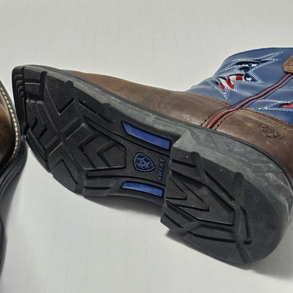 Ariat Kids WorkHog XT VentTEK Bolt Flag Western Boots Brown Blue 10044436 Sz 1